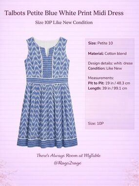 Talbots Petite Blue White Print Midi Dress 10P Sleeveless Pockets